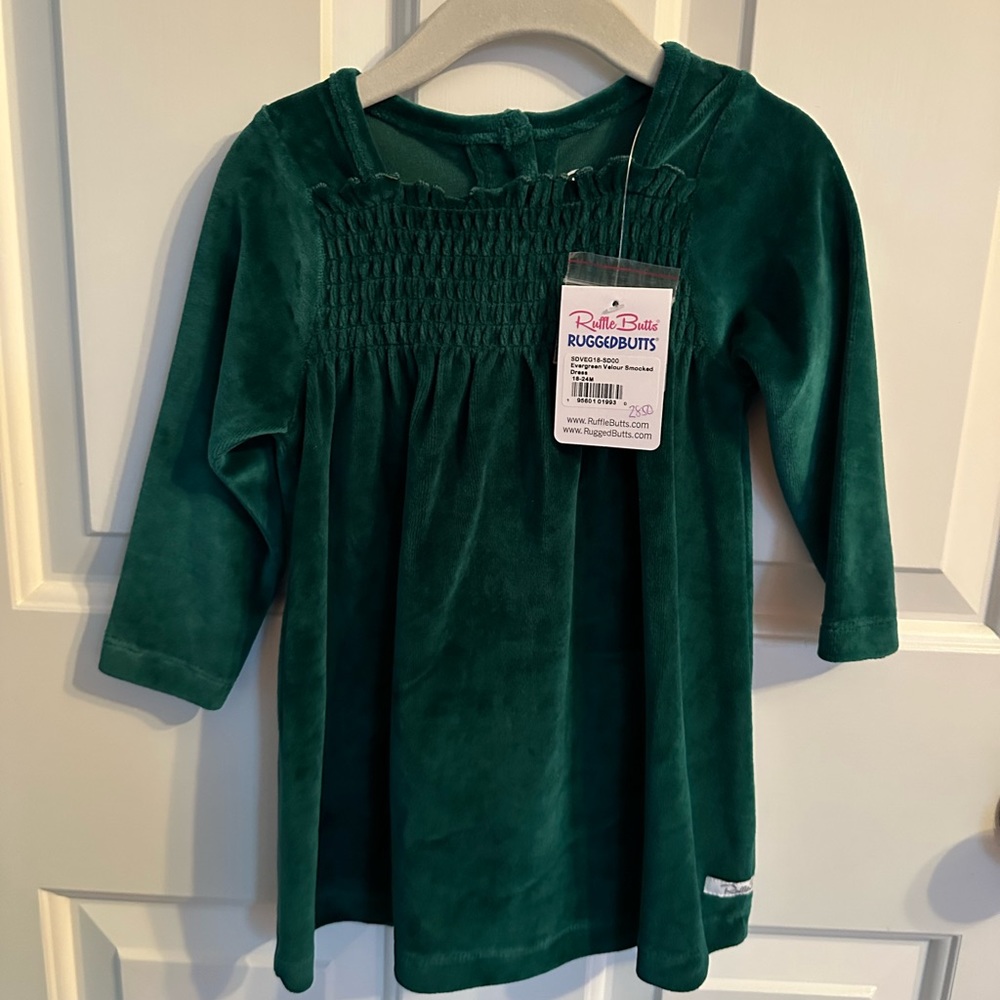NWT Ruffle Butts Evergreen Velour Smocked Dress